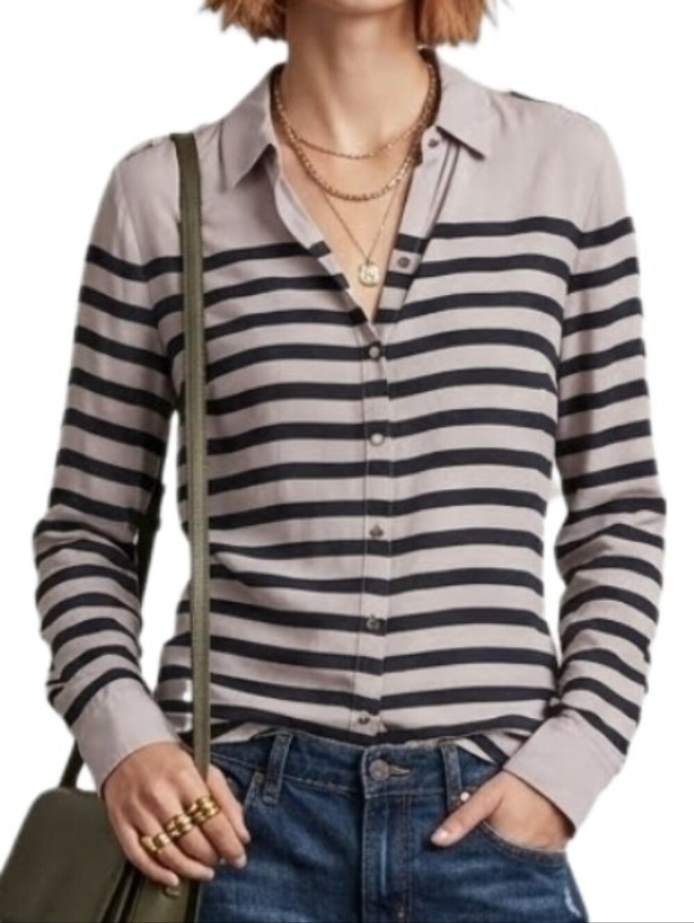 White House Black Market Shirt 100% Silk Striped Button Up Black Size 10